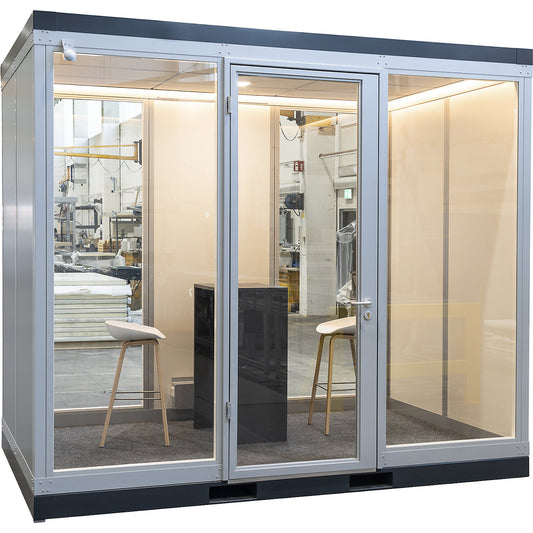 CoWoCube® meeting booth, LxWxH 3205 x 2179 x 2832 mm, single hinged door, fully glazed.