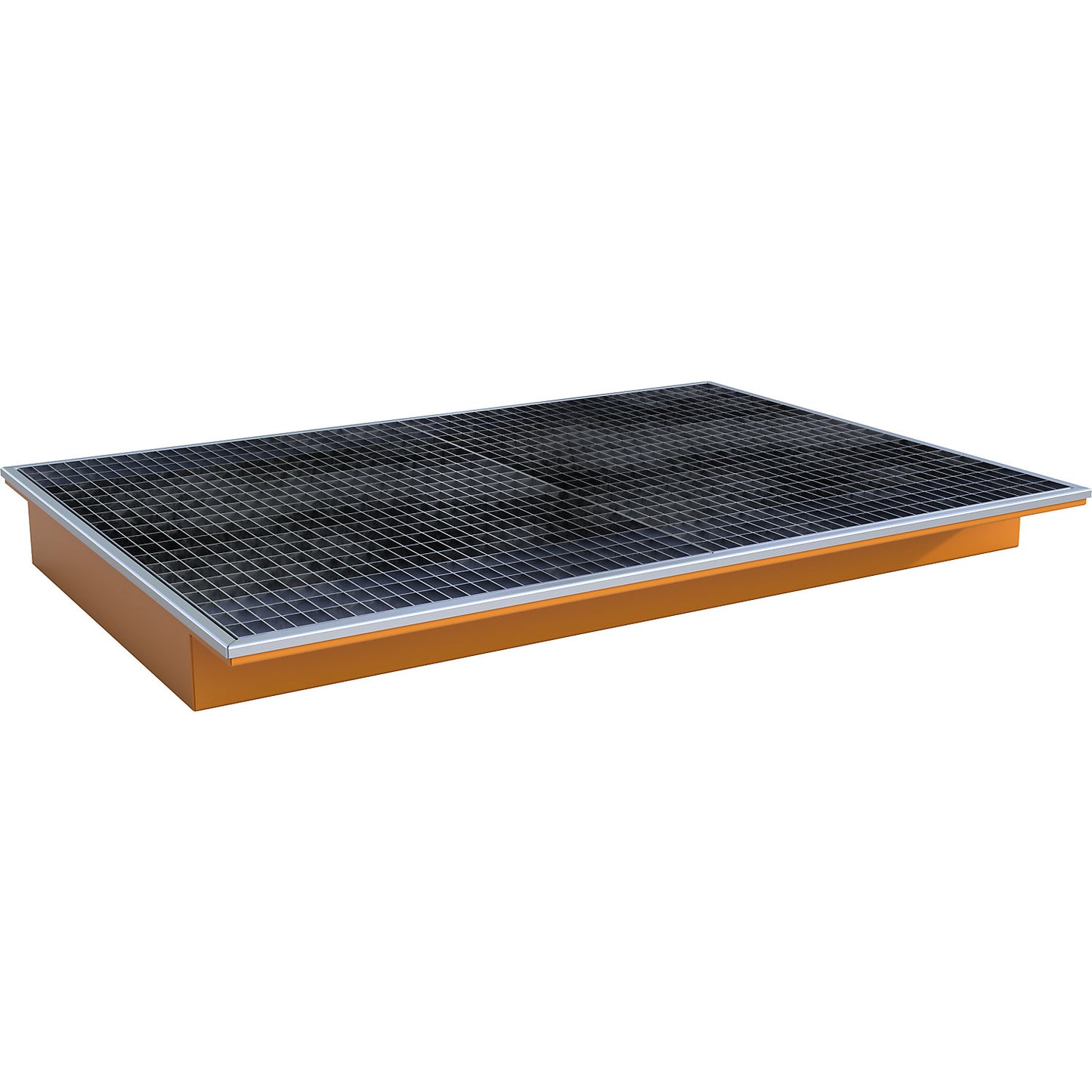 Hook-in sump tray, with PE insert and grate, LxWxH 1765 x 1265 x 165 mm, painted orange.