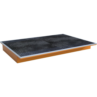 Hook-in sump tray, with PE insert and grate, LxWxH 1765 x 1265 x 165 mm, painted orange.