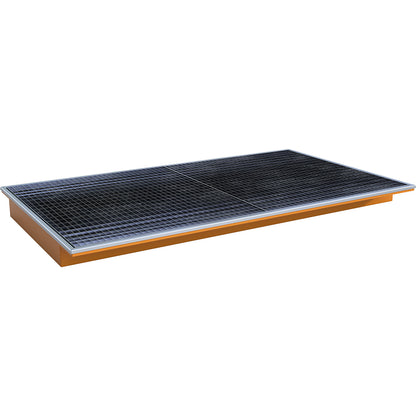 Hook-in sump tray, with PE insert and grate, LxWxH 2165 x 1265 x 145 mm, painted orange.