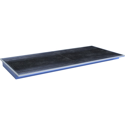 Hook-in sump tray, with PE insert and grate, LxWxH 2665 x 1265 x 135 mm, painted blue.
