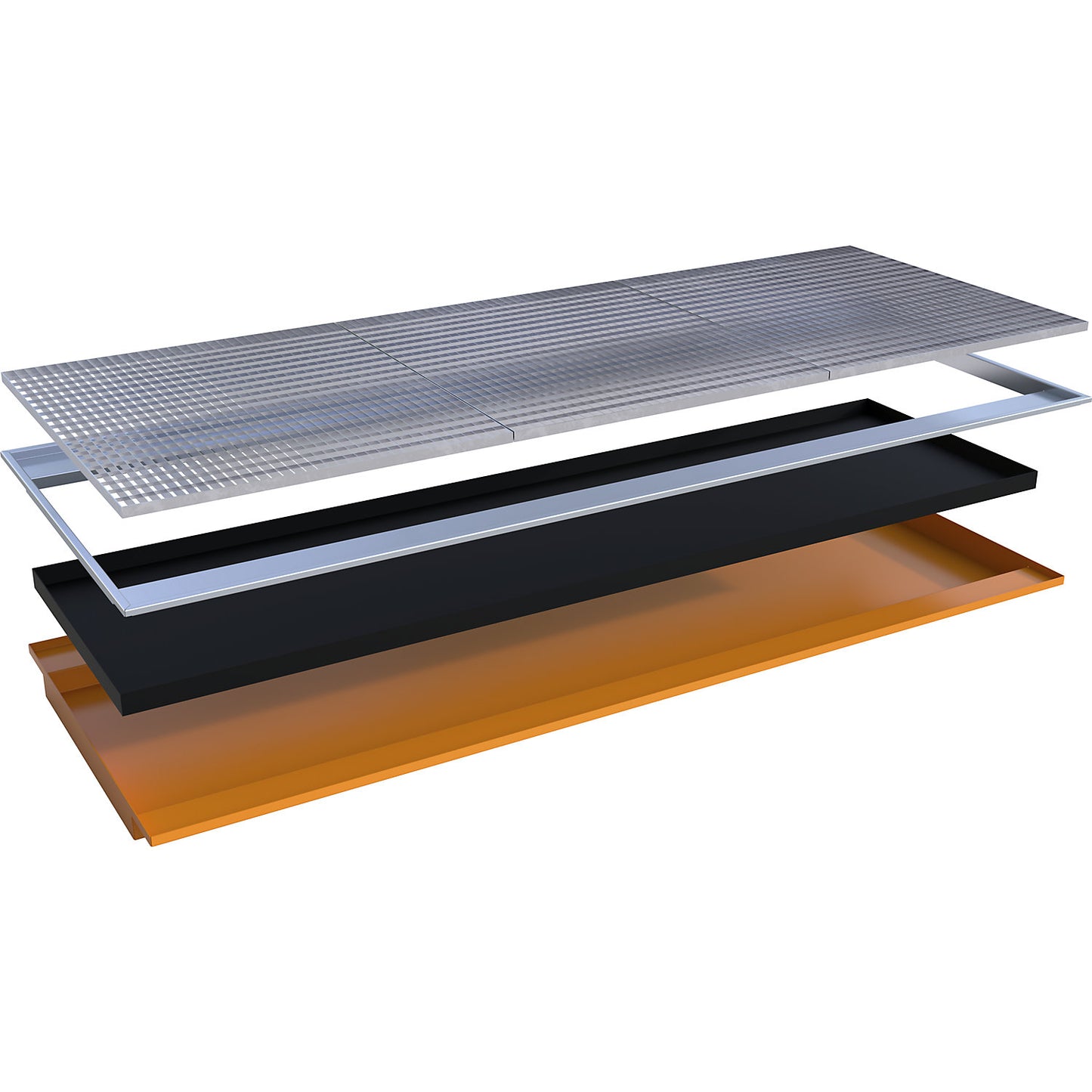 Hook-in sump tray, with PE insert and grate, LxWxH 3265 x 1265 x 115 mm, painted orange.