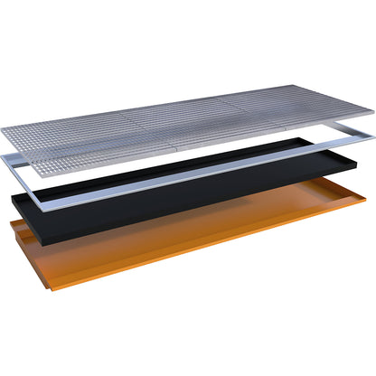 Hook-in sump tray, with PE insert and grate, LxWxH 3265 x 1265 x 115 mm, painted orange.