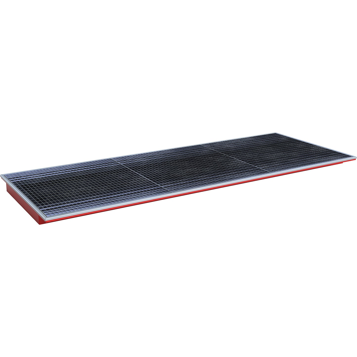 Hook-in sump tray, with PE insert and grate, LxWxH 3265 x 1265 x 115 mm, painted red.