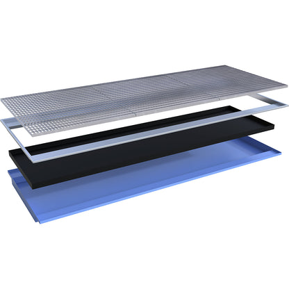 Hook-in sump tray, with PE insert and grate, LxWxH 3265 x 1265 x 115 mm, painted blue.