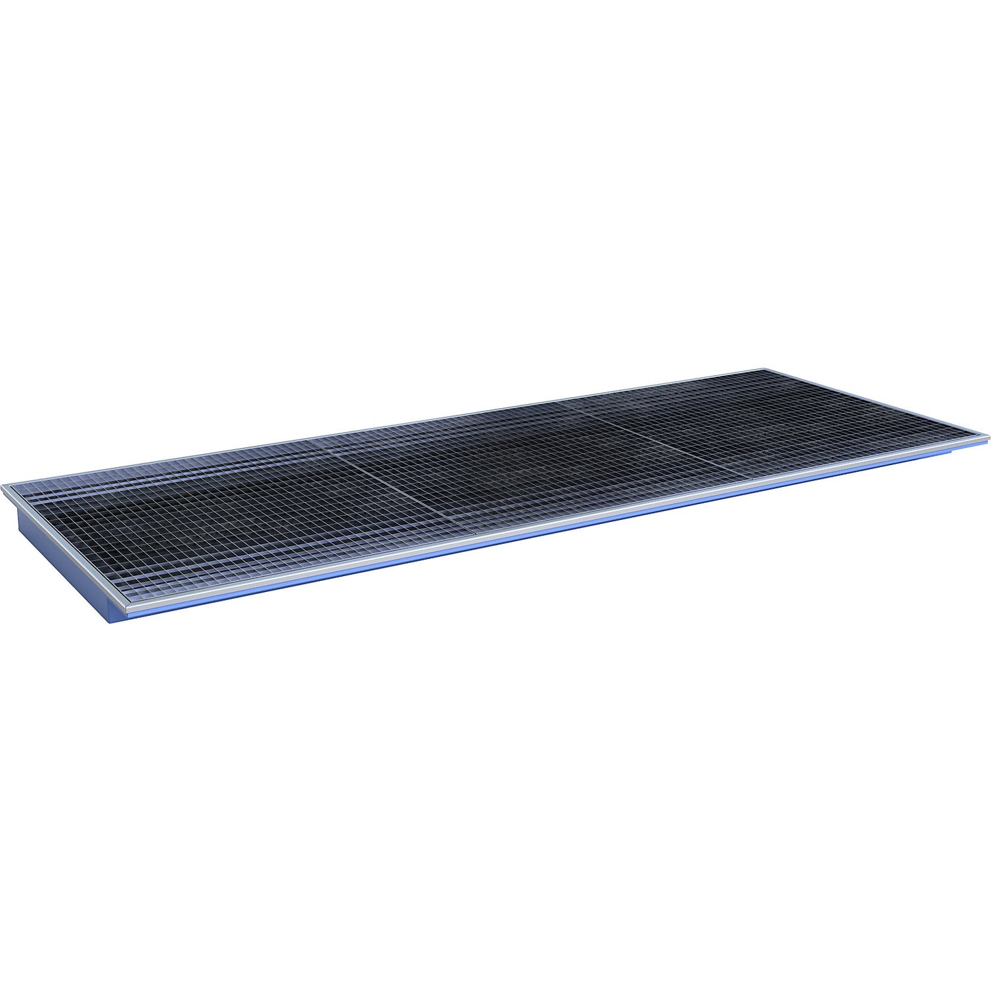 Hook-in sump tray, with PE insert and grate, LxWxH 3265 x 1265 x 115 mm, painted blue.