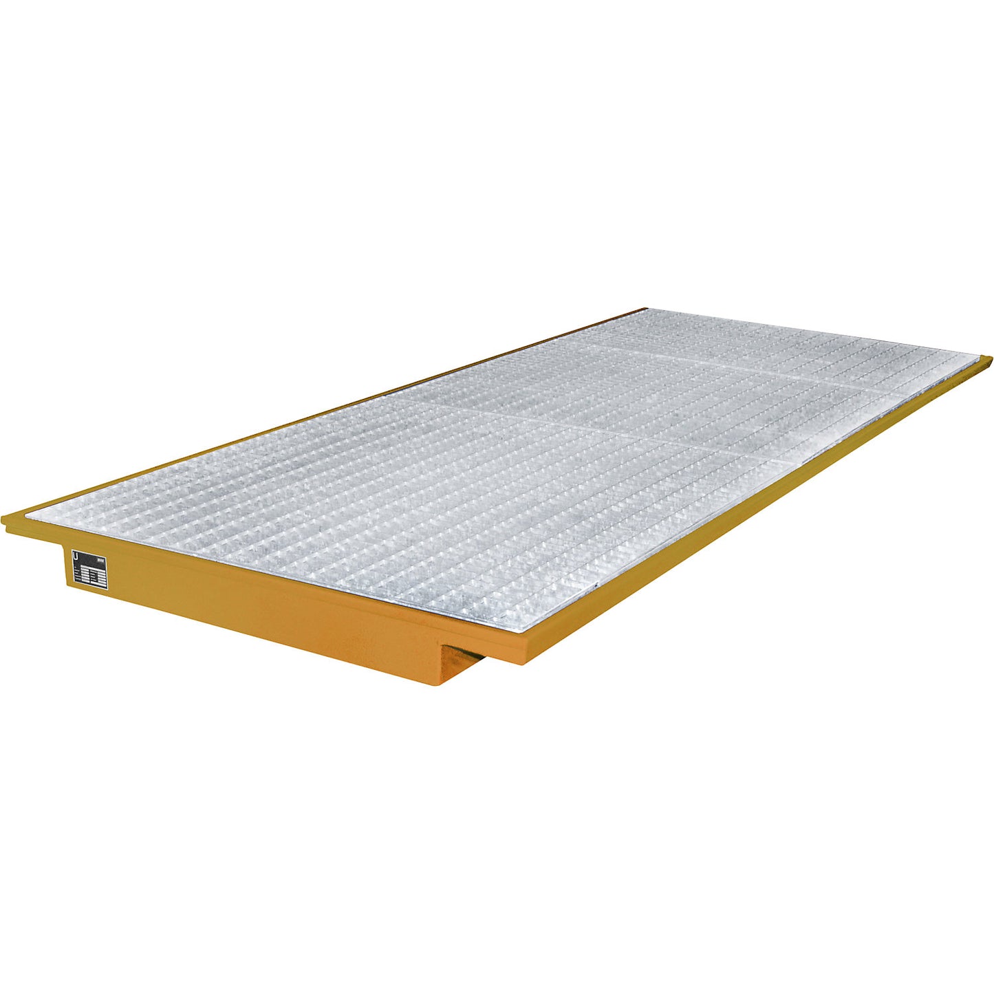 Hook-in sump tray, with zinc plated grate, LxW 3250 x 1250 mm, painted orange.