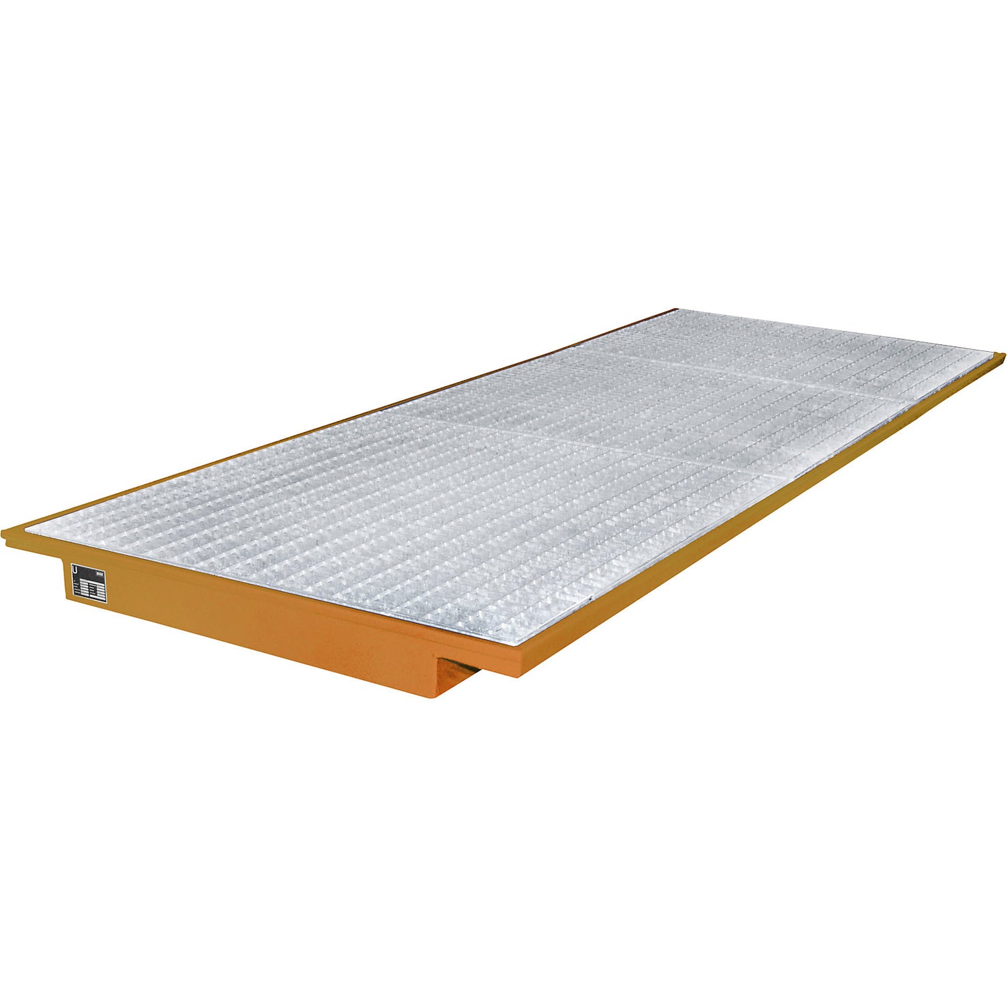 Hook-in sump tray, with zinc plated grate, LxW 3550 x 1250 mm, painted orange.