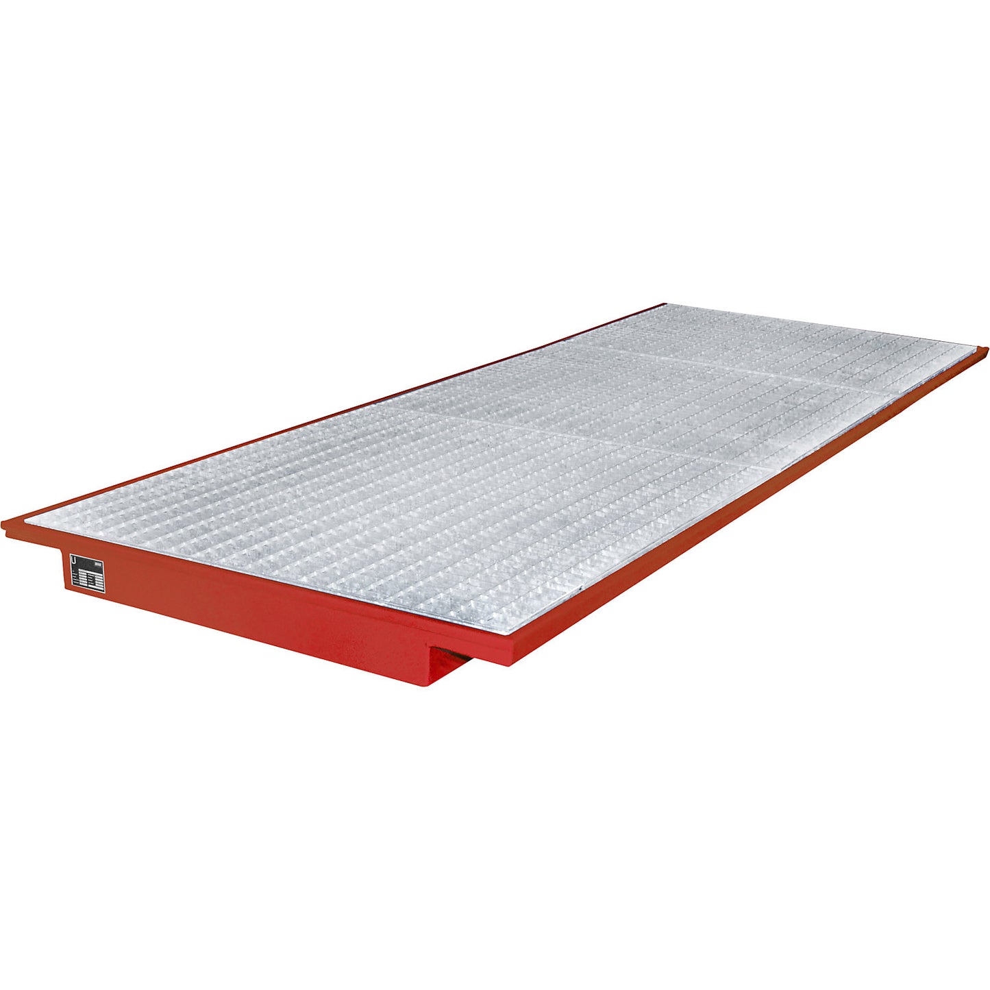 Hook-in sump tray, with zinc plated grate, LxW 3550 x 1250 mm, painted red.