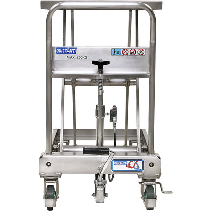 Stainless steel scissor lift platform truck, Quick-Lift, max. load 250 kg, lift per pedal stroke 47 mm.