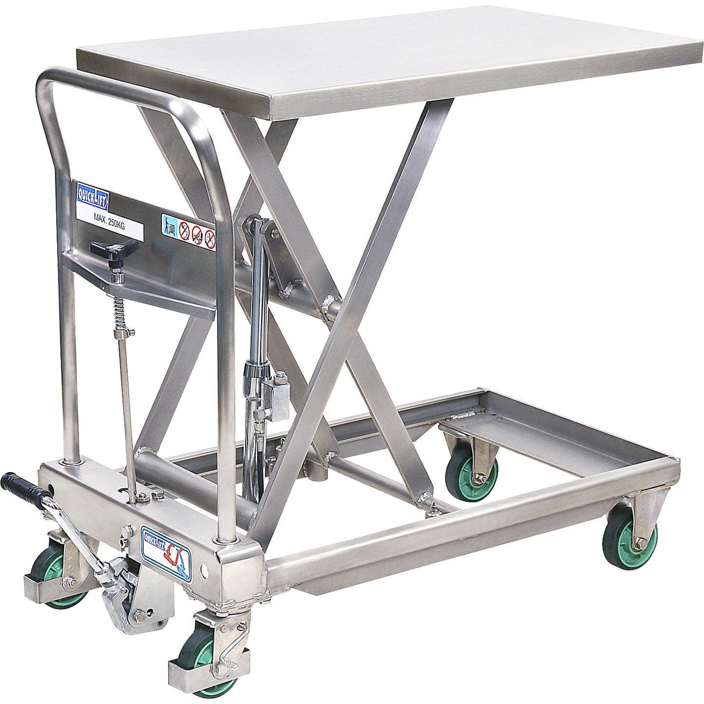 Stainless steel scissor lift platform truck, Quick-Lift, max. load 250 kg, lift per pedal stroke 47 mm.