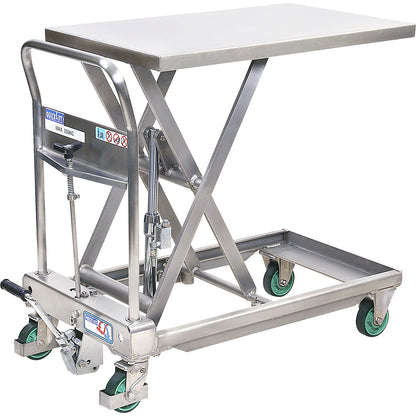 Stainless steel scissor lift platform truck, Quick-Lift, max. load 250 kg, lift per pedal stroke 47 mm.