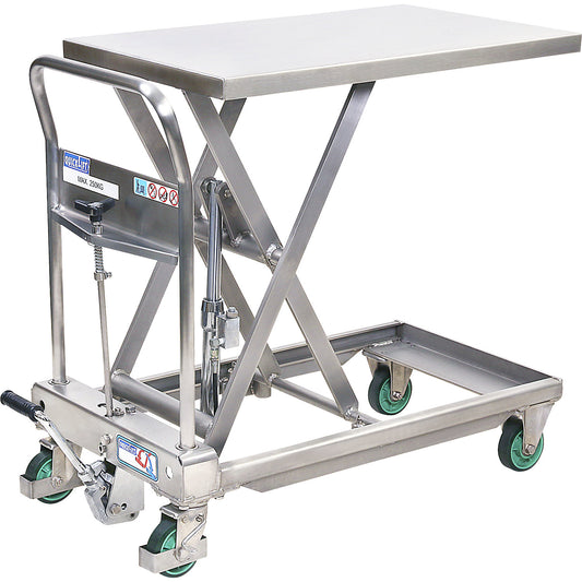 Stainless steel scissor lift platform truck, Quick-Lift, max. load 250 kg, lift per pedal stroke 47 mm.