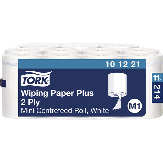 Strong multi-purpose mini centrefeed paper wipes, 2-ply, white, pack of 11 rolls, perforated.
