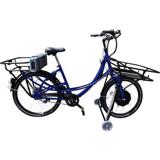 Cargo bike E01, with disc brakes front and rear, blue, 7-speed gears.
