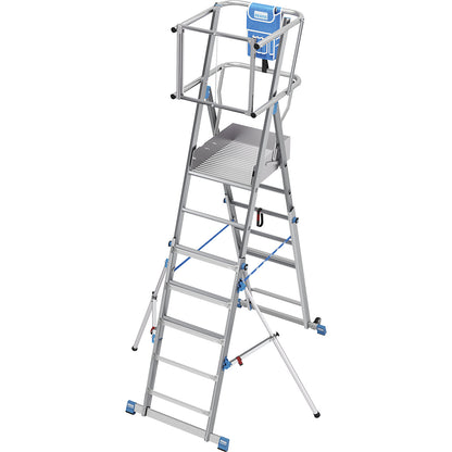 Telescopic mobile safety steps, height adjustable using ClickMatic system, with all round railing, 5 - 9 rungs.