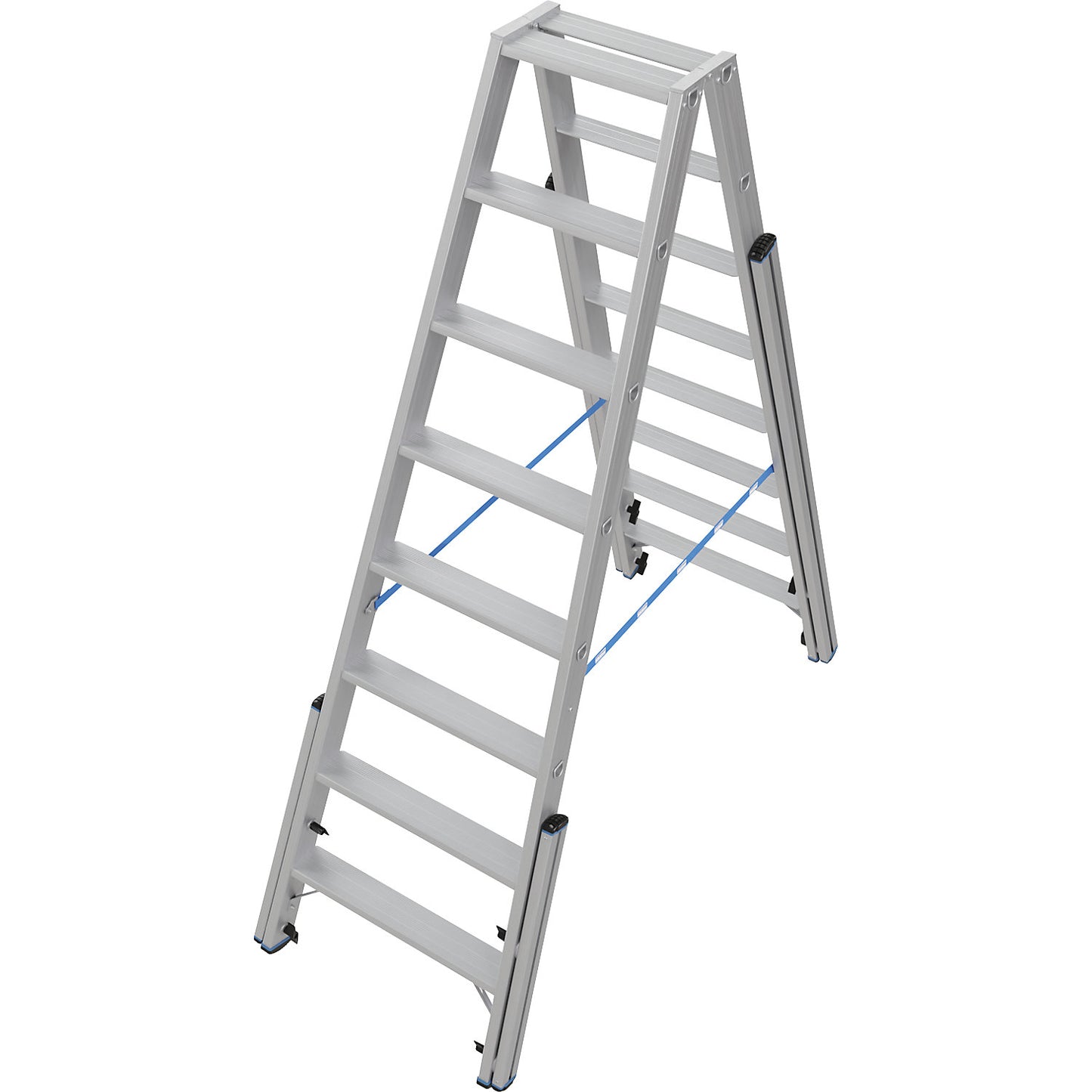 Step ladder, with levelling mechanism, accessible on both sides, 2x8 steps.
