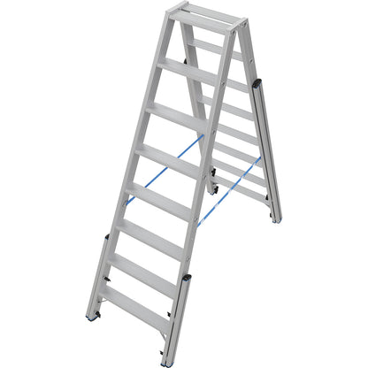 Step ladder, with levelling mechanism, accessible on both sides, 2x8 steps.