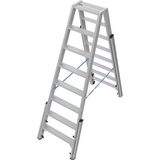 Step ladder, with levelling mechanism, accessible on both sides, 2x8 steps.