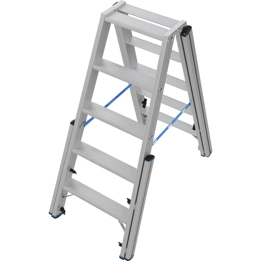 Step ladder, with levelling mechanism, accessible on both sides, 2x5 steps.