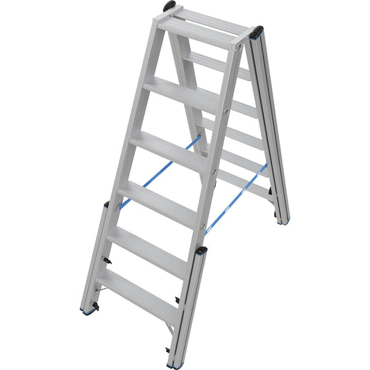 Step ladder, with levelling mechanism, accessible on both sides, 2x6 steps.