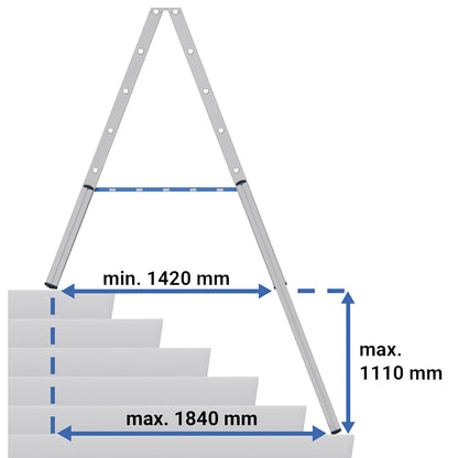 Step ladder, with levelling mechanism, accessible on both sides, 2x7 steps.