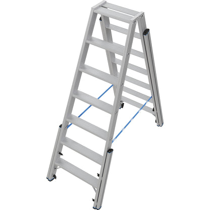 Step ladder, with levelling mechanism, accessible on both sides, 2x7 steps.