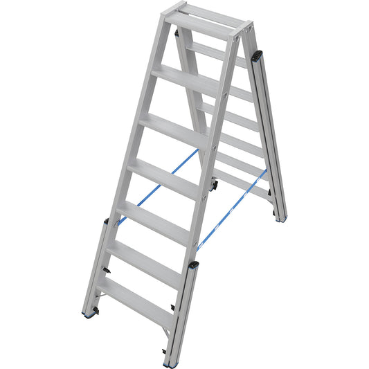 Step ladder, with levelling mechanism, accessible on both sides, 2x7 steps.