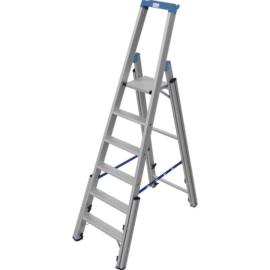 Step ladder, with levelling mechanism, accessible on one side, 6 steps.