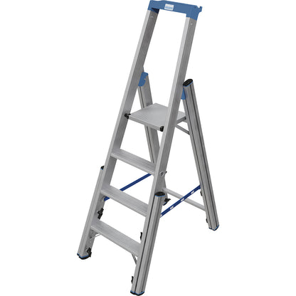 Step ladder, with levelling mechanism, accessible on one side, 4 steps.