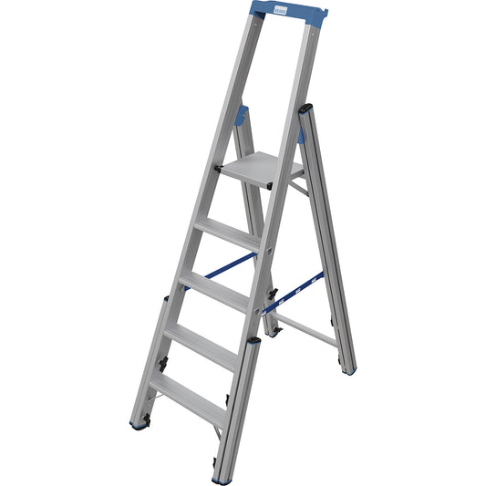 Step ladder, with levelling mechanism, accessible on one side, 5 steps.