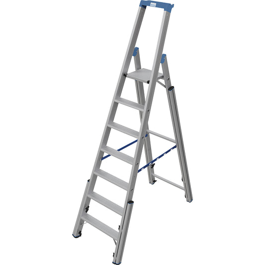 Step ladder, with levelling mechanism, accessible on one side, 7 steps.