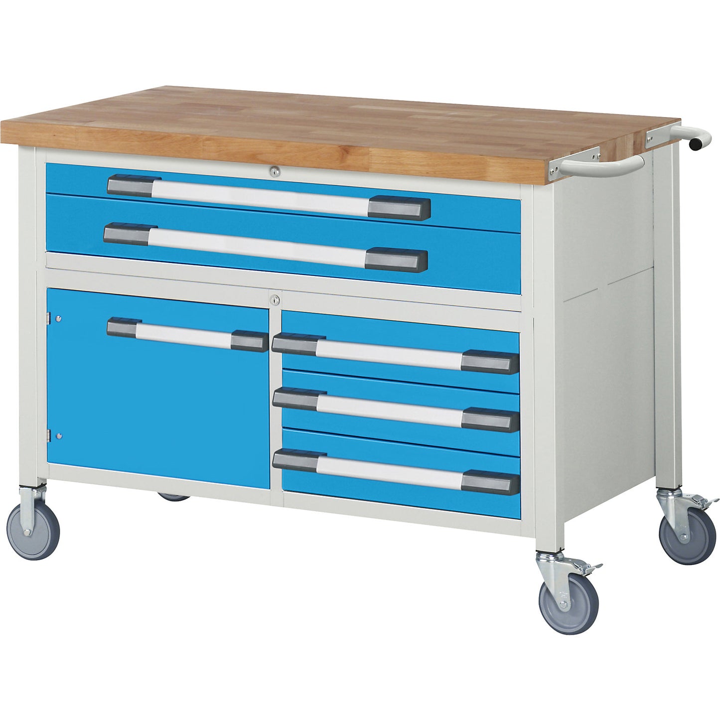 Series 8000 mobile workbench, frame system, 5 drawers, 1 door, worktop WxD 1250 x 700 mm.