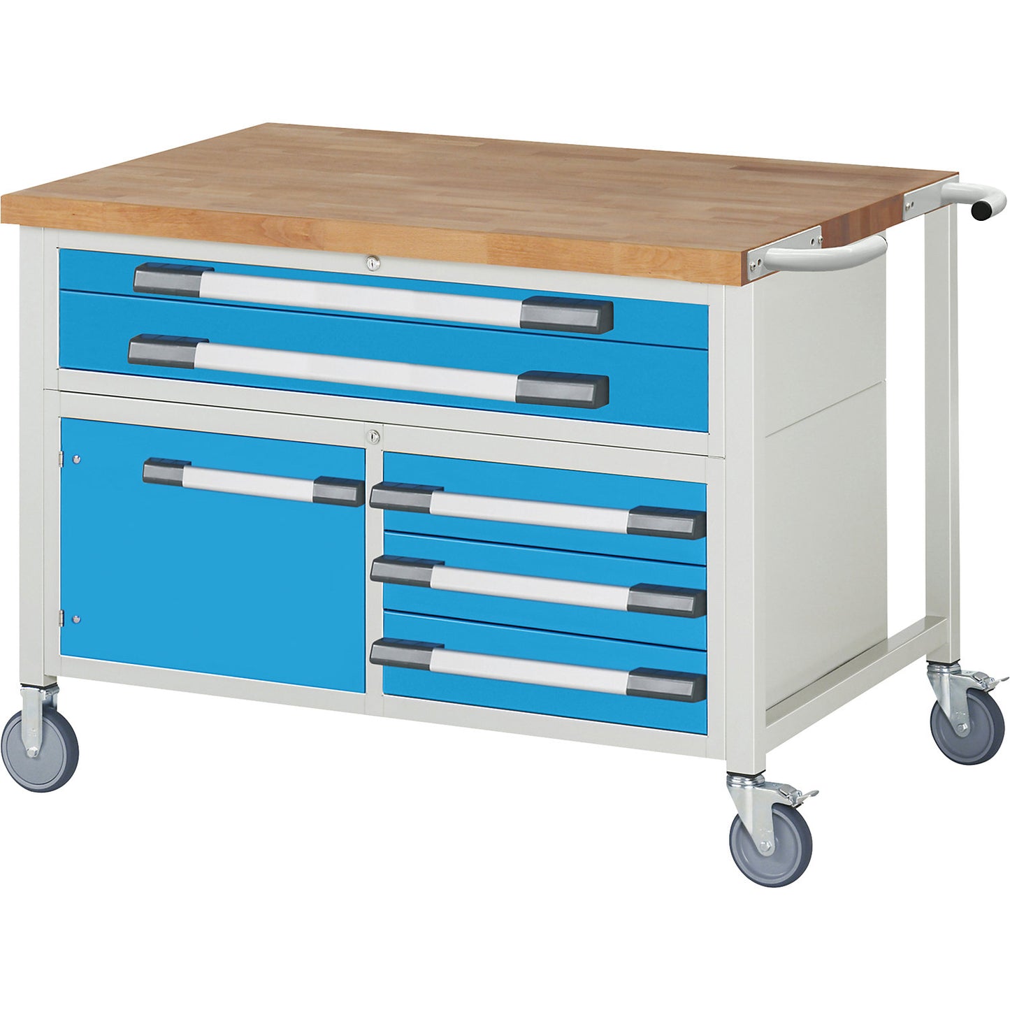 Series 8000 mobile workbench, frame system, 5 drawers, 1 door, worktop WxD 1250 x 900 mm.
