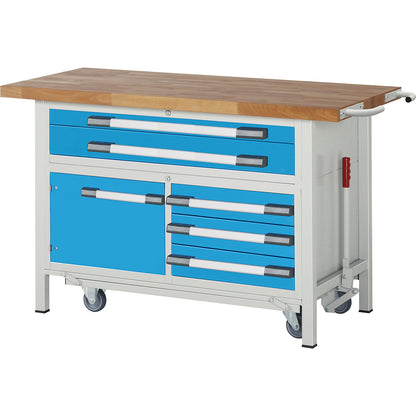Mobile and lowerable workbench, Series 8000 frame construction, 5 drawers, 1 door, worktop WxD 1500 x 700 mm.