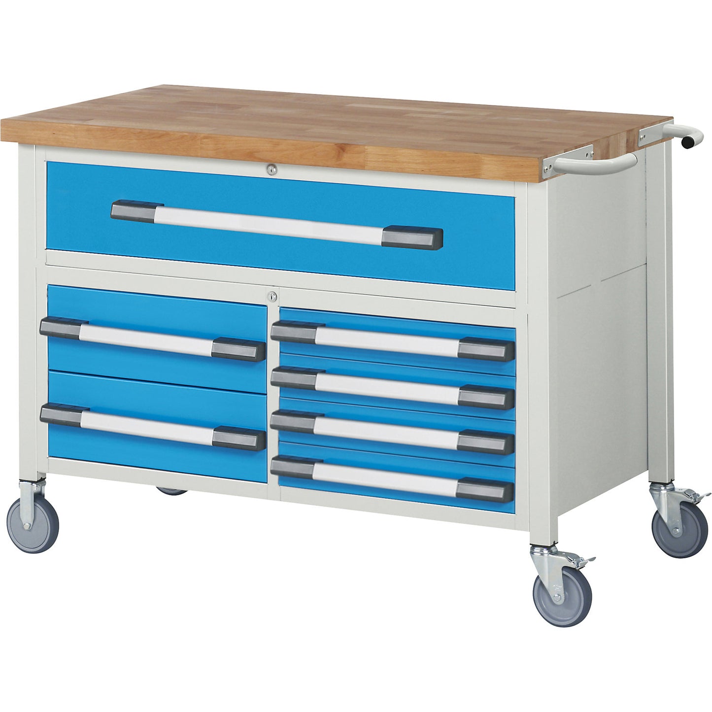 Series 8000 mobile workbench, frame system, 7 drawers, worktop WxD 1250 x 700 mm.