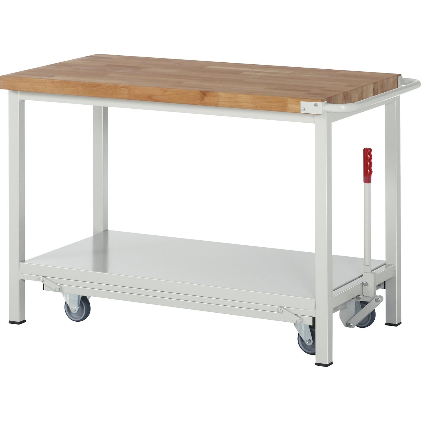 Mobile and lowerable workbench, Series 8000 frame construction, 5 drawers, 1 door, worktop WxD 1500 x 700 mm.
