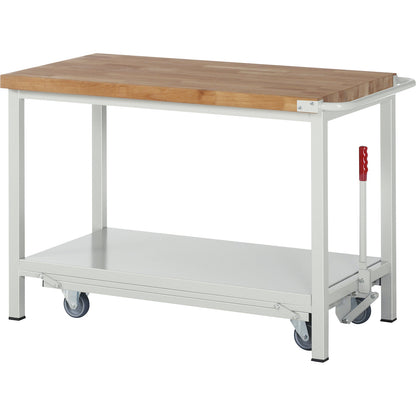 Mobile and lowerable workbench, Series 8000 frame construction, 5 drawers, 1 door, worktop WxD 1500 x 700 mm.