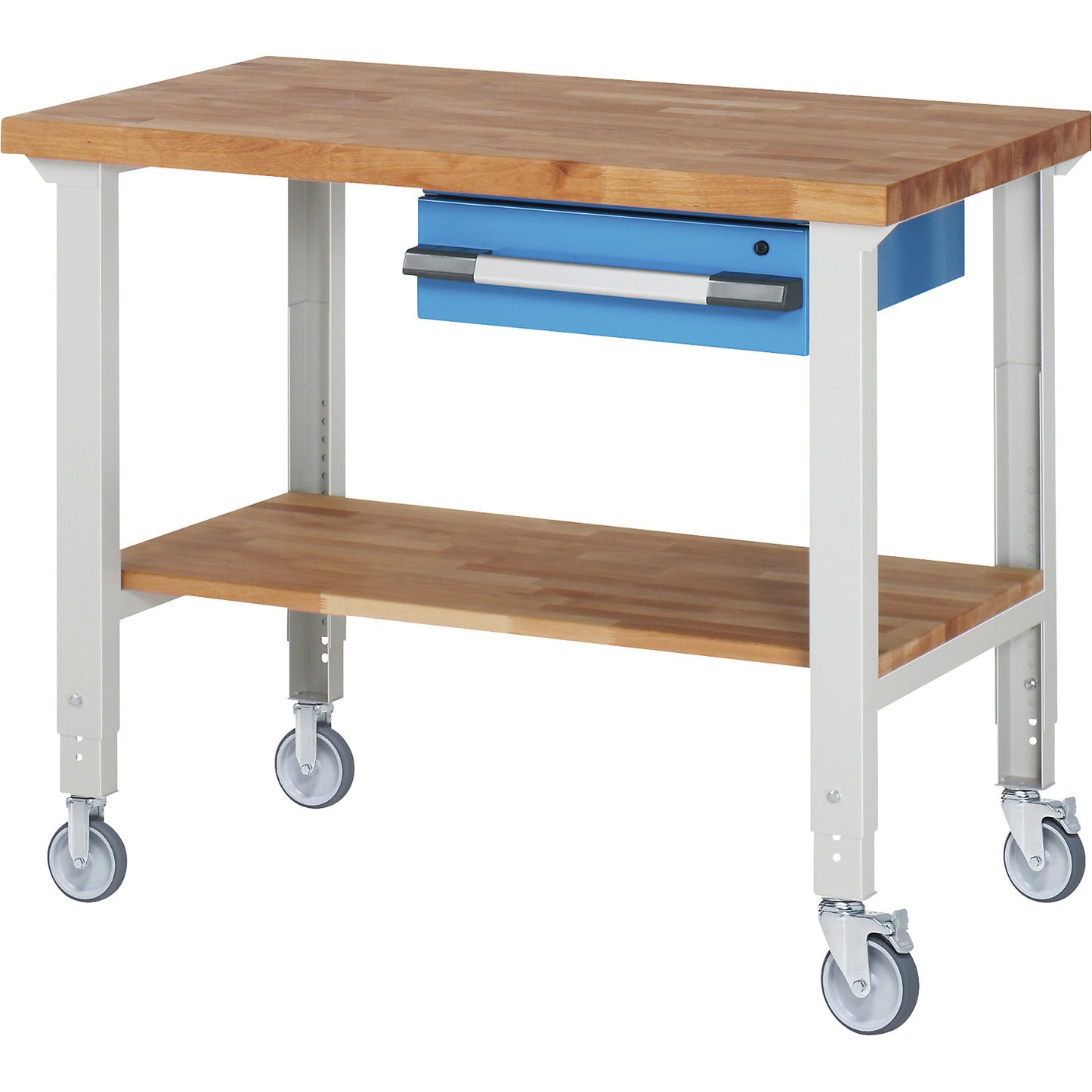 Mobile workbench series 7000, 2 fixed/2 swivel castors, 1 drawer, shelf, worktop WxD 1250 x 700 mm.