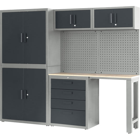Complete workstation, multiplex worktop, height 1900 mm, light grey / charcoal.