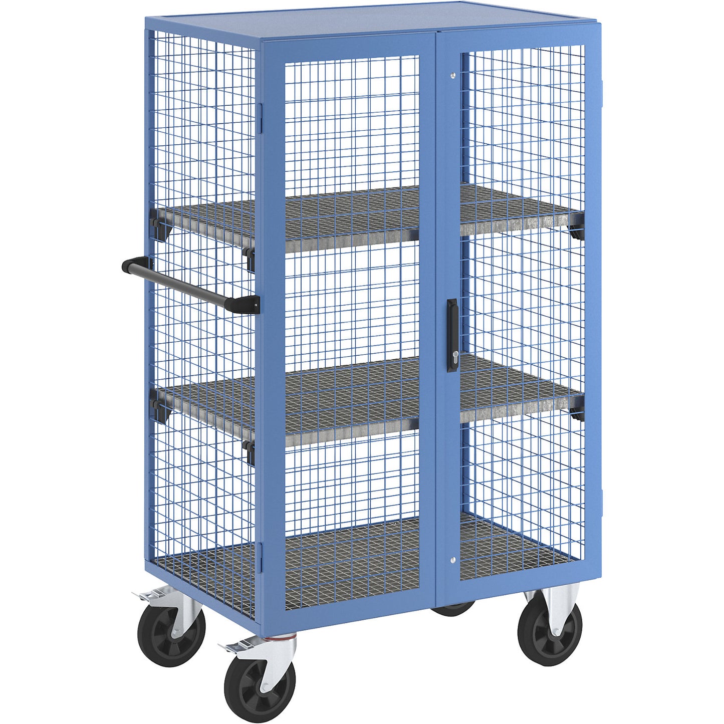 Gas cylinder cupboard, as trolley, max. load 500 kg, with 2 shelves.