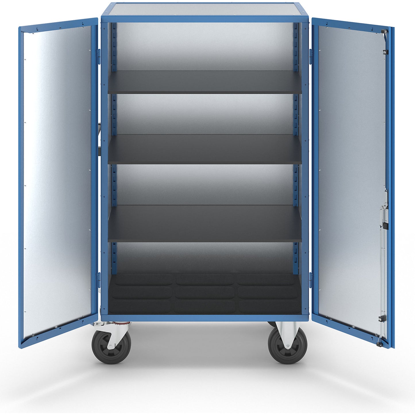 Cupboard trolley, hinged doors made of zinc plated sheet steel, with 3 shelves.
