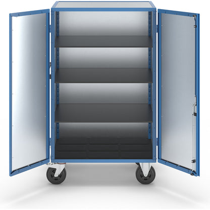 Cupboard trolley, hinged doors made of zinc plated sheet steel, with 3 shelves.