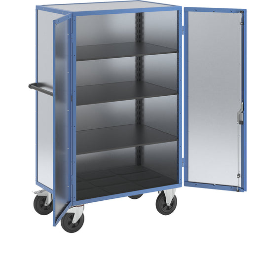 Cupboard trolley, hinged doors made of zinc plated sheet steel, with 3 shelves.
