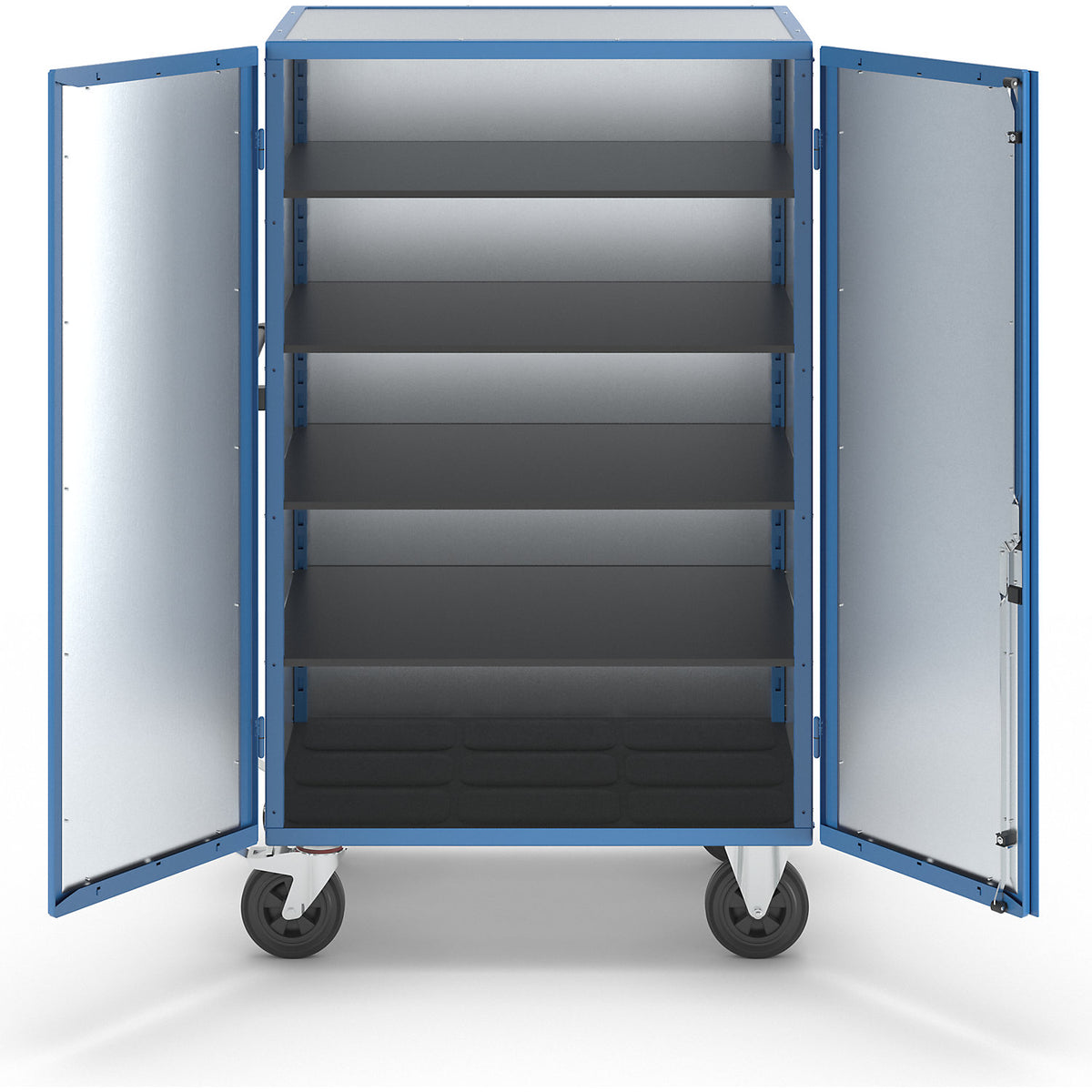 Cupboard trolley, hinged doors made of zinc plated sheet steel, with 4 shelves.