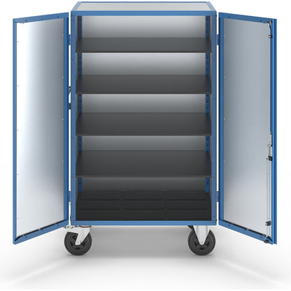 Cupboard trolley, hinged doors made of zinc plated sheet steel, with 4 shelves.