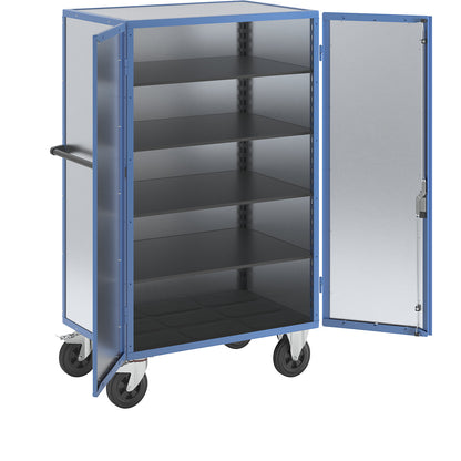 Cupboard trolley, hinged doors made of zinc plated sheet steel, with 4 shelves.