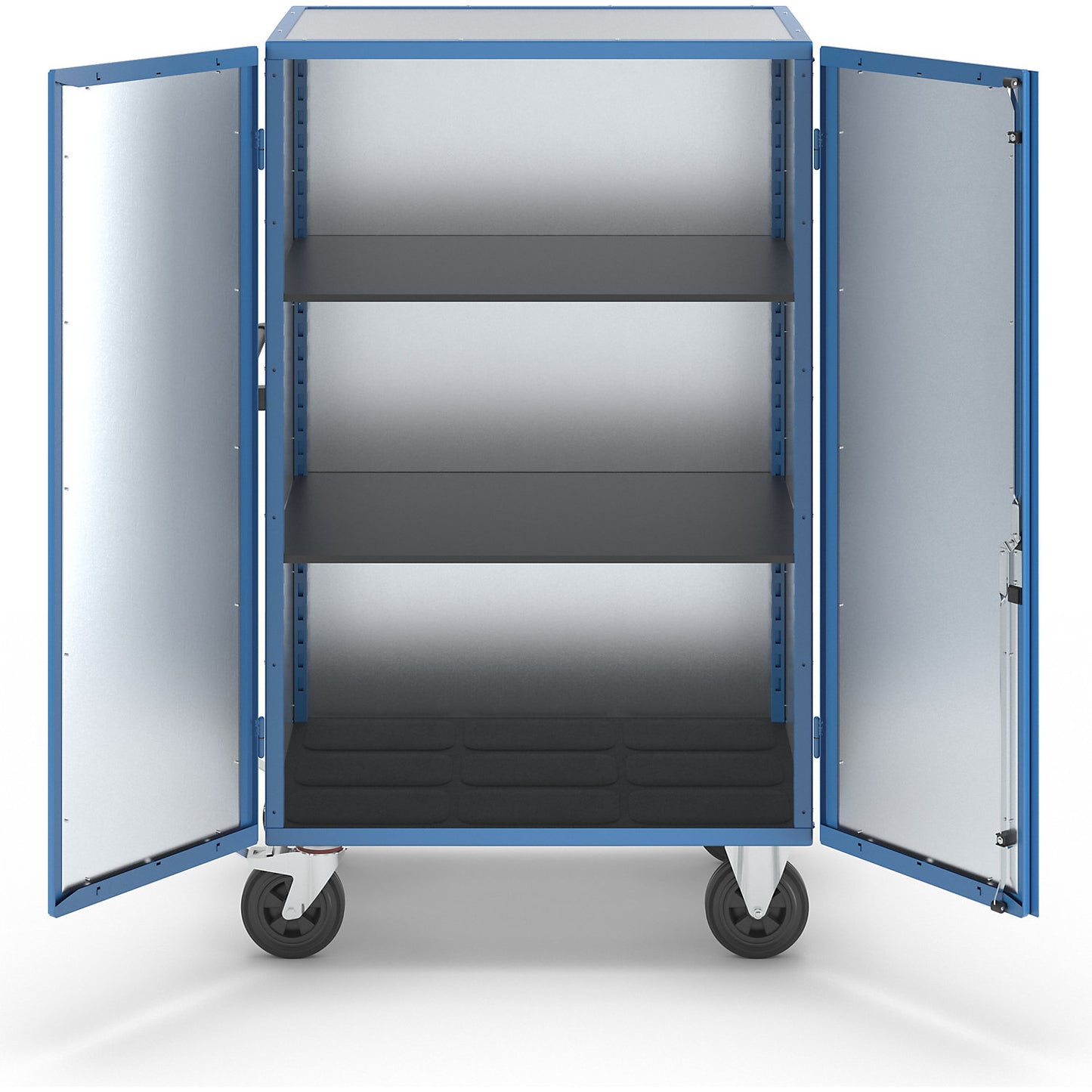 Cupboard trolley, hinged doors made of zinc plated sheet steel, with 2 shelves.