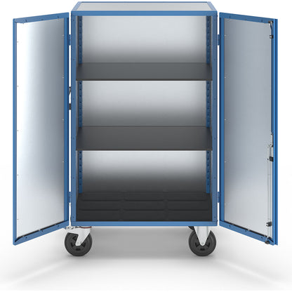Cupboard trolley, hinged doors made of zinc plated sheet steel, with 2 shelves.