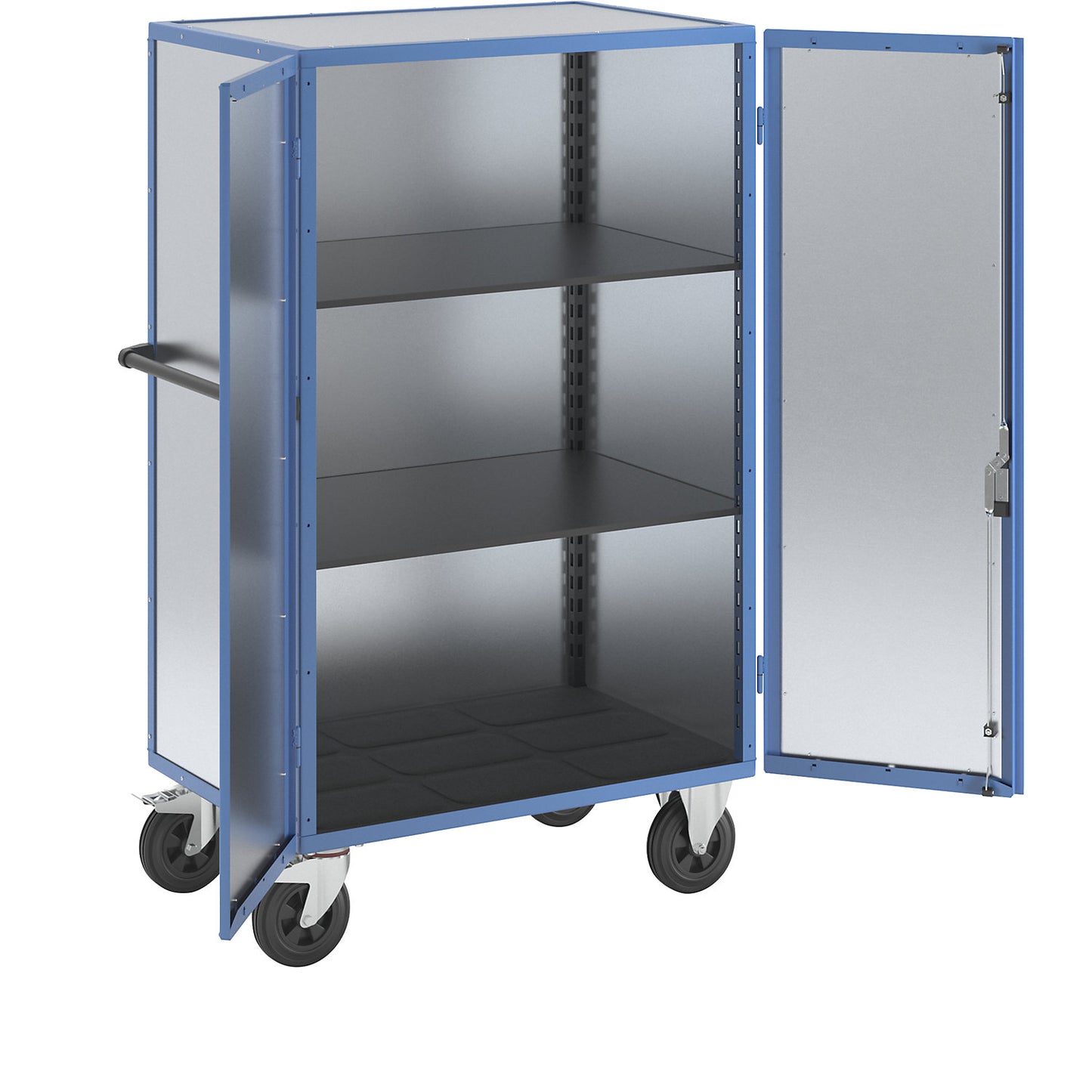 Cupboard trolley, hinged doors made of zinc plated sheet steel, with 2 shelves.